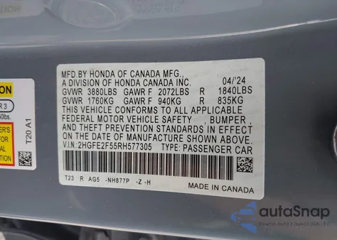 2024 Honda Civic Sport z USA, uszkodzony, nr VIN 2HGFE2F55RH577305